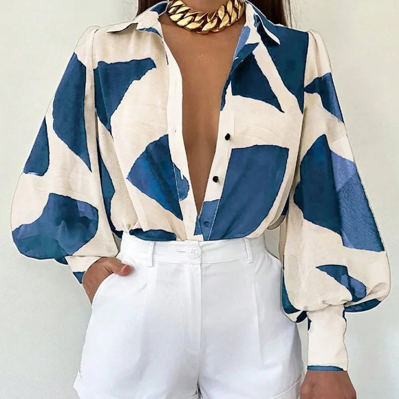 Tops - Blue Casual Women's Long Sleeve Allover Print Blouse Shirt